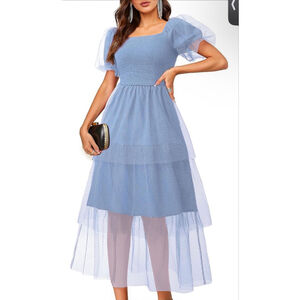 NEW Blue Smocked Tulle Polka Dots Poof Sleeves Midi Dress S